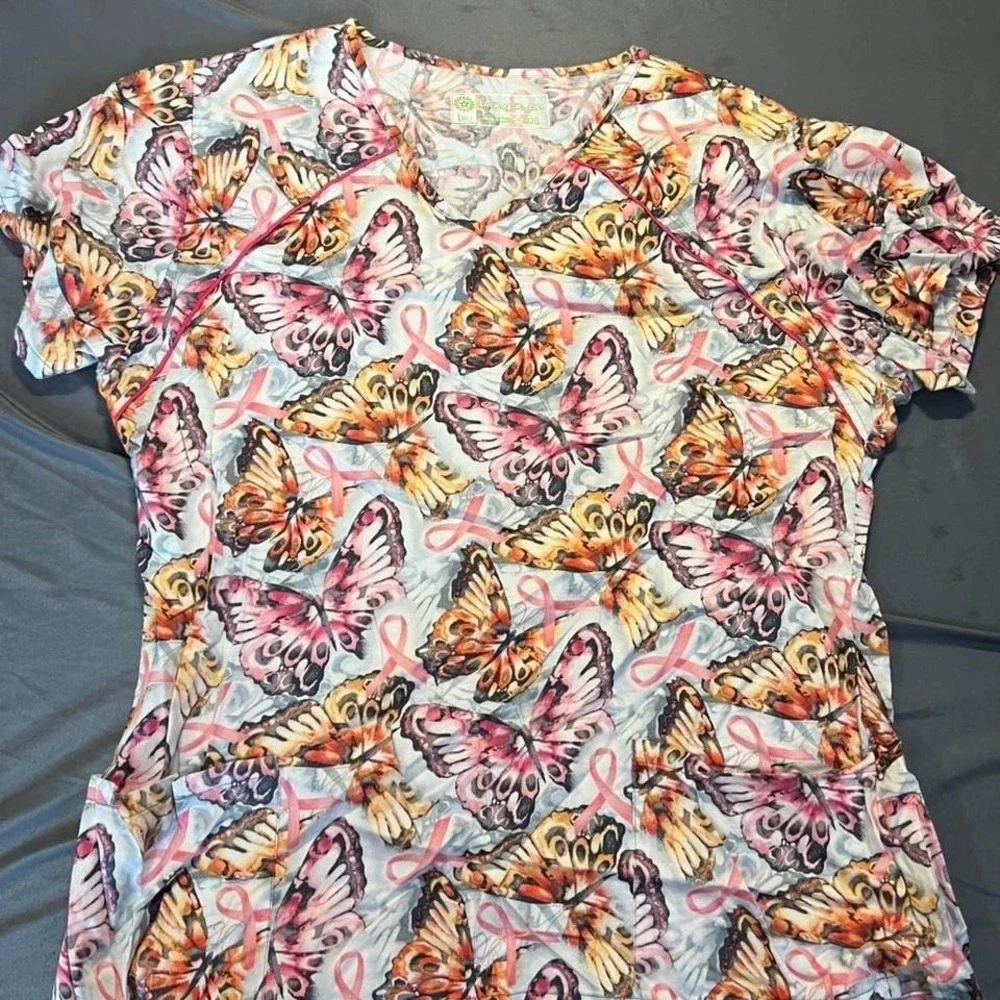Bring It On‎ BIO Scrub Top Large Butterfly Pink Ribbon Breast Cancer Awareness